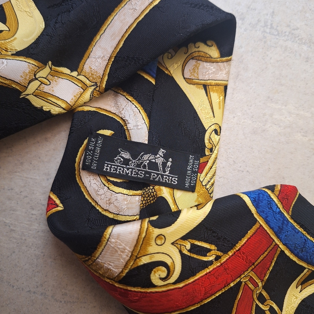 Hermes Black and Gold Silk Tie